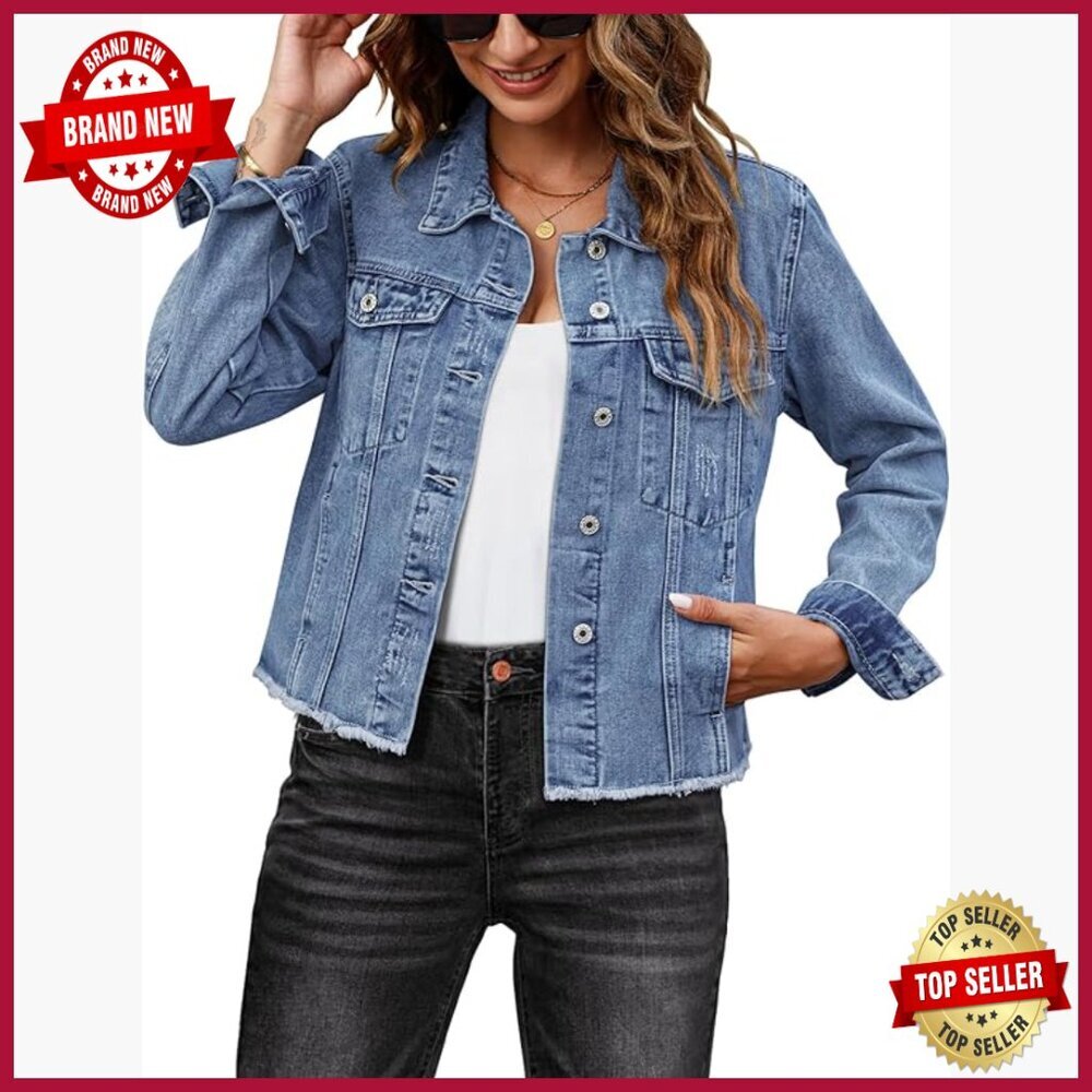 Distressed Denim Jacket Women's Vintage Western Trucker Frayed Hem Pockets